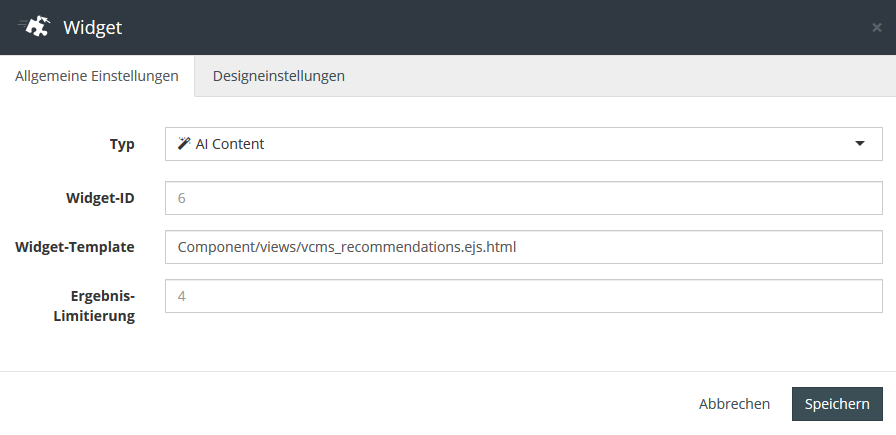 Einstellungen des Widgets AI Content