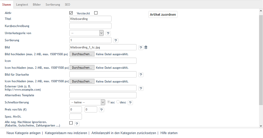 Kategorien - Registerkarte Stamm