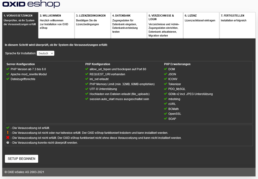 Setup, Schritt 1