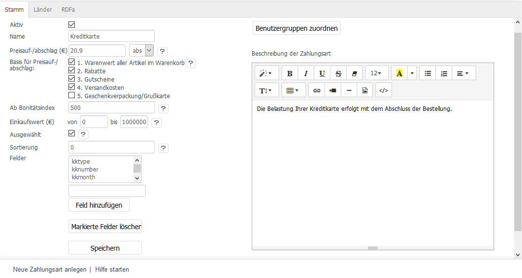 Zahlungsarten - Registerkarte Stamm
