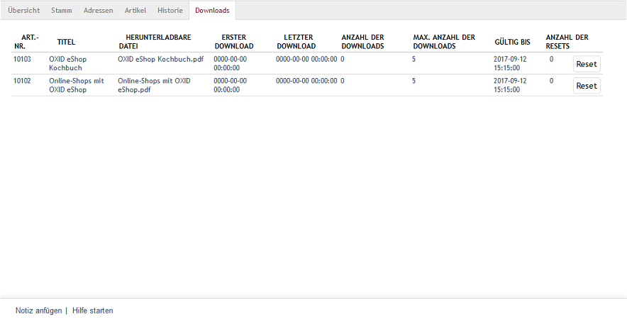 Bestellungen - Registerkarte Downloads