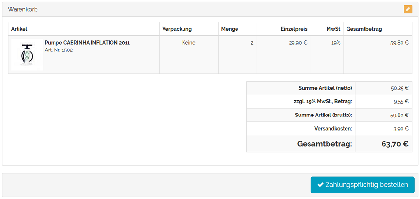 Warenkorb mit Artikeln unter 80 € Warenwert