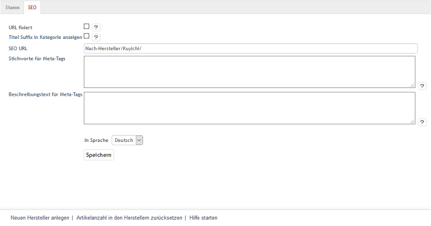 Hersteller – Registerkarte SEO
