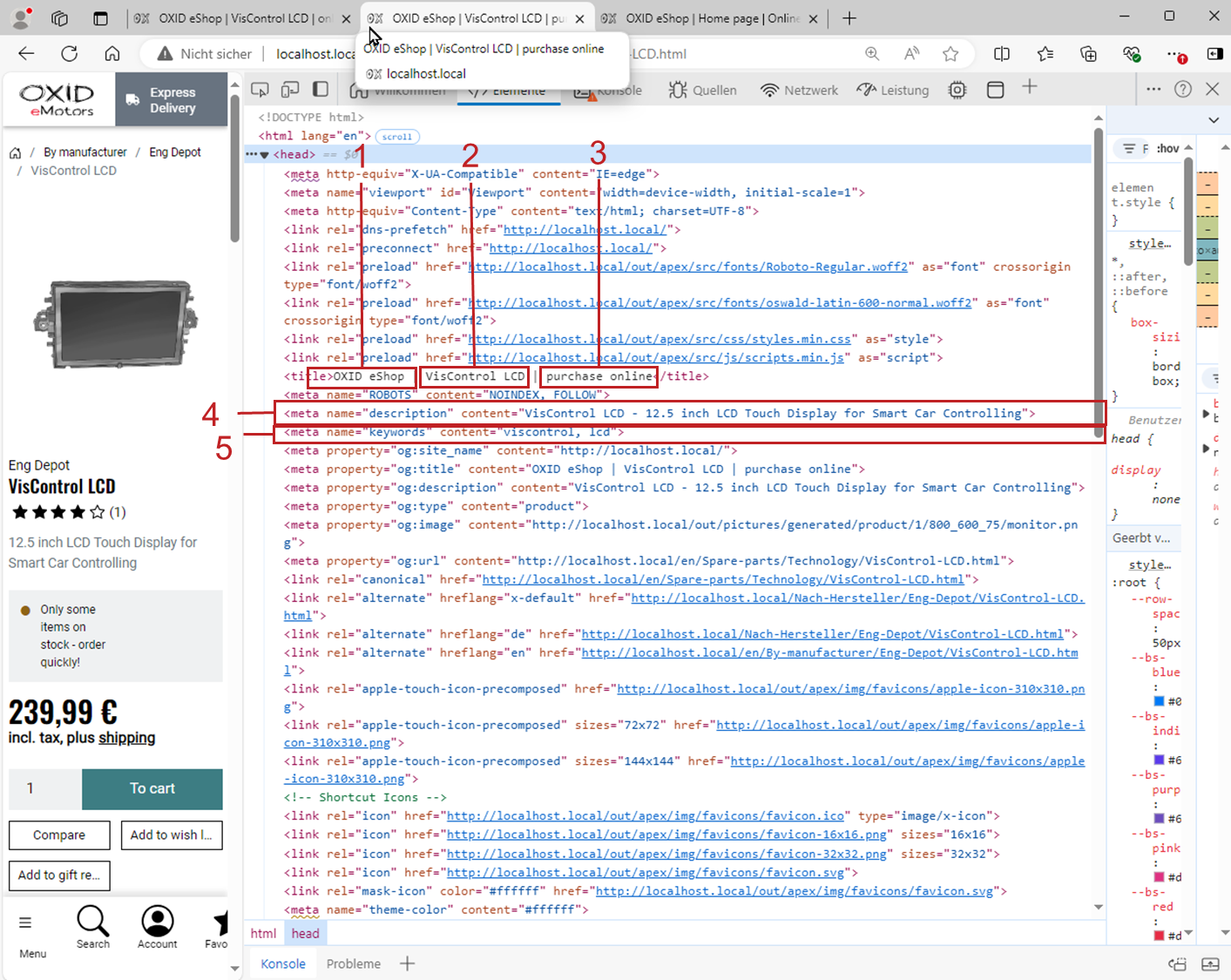 Title and metadata of a subpage