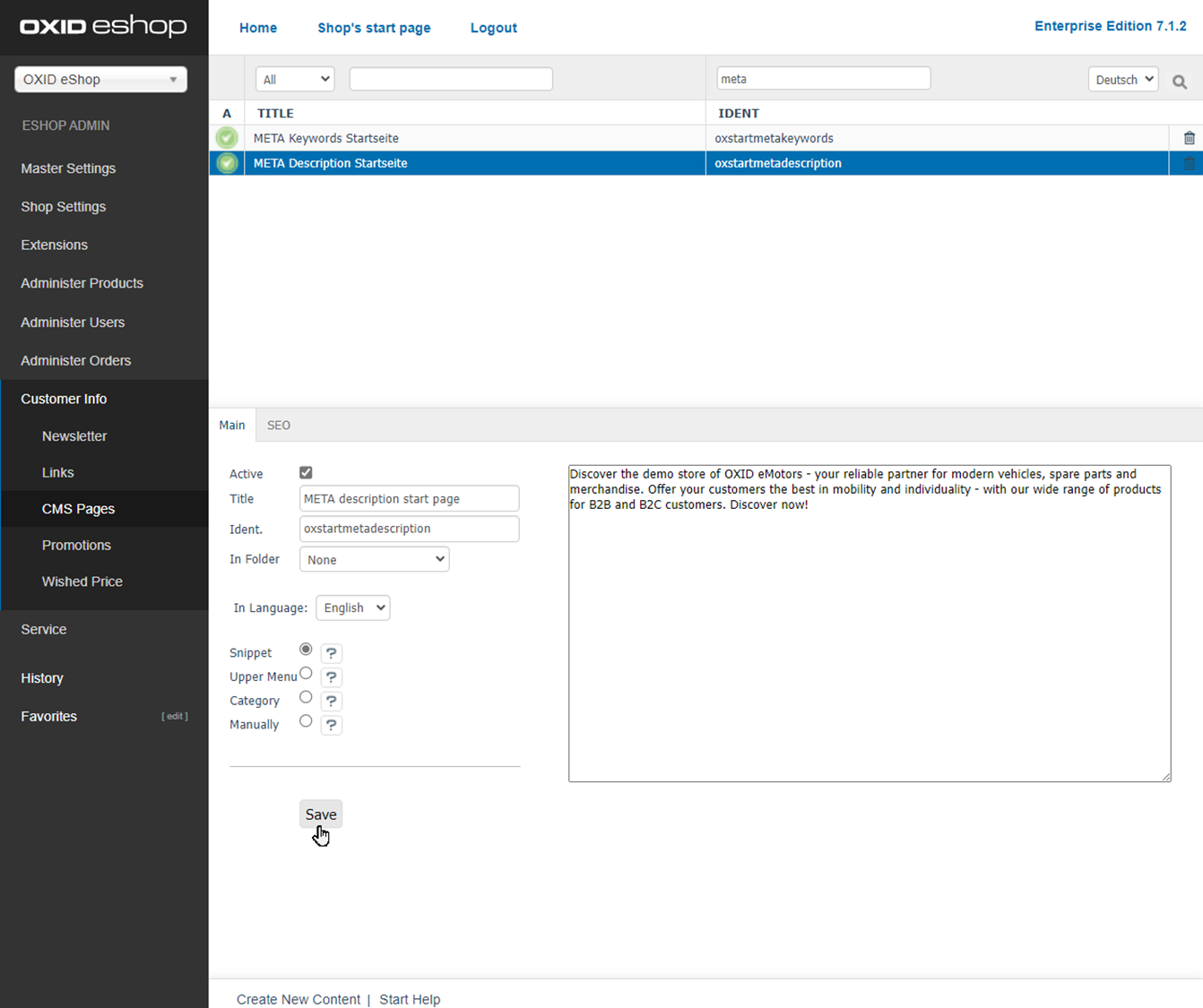Example: Meta description for the start page