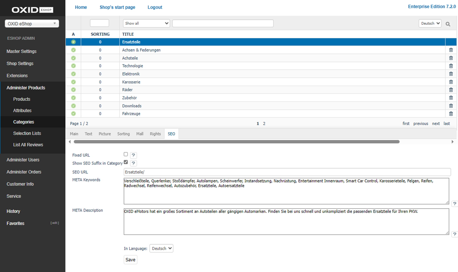 Categories - SEO tab