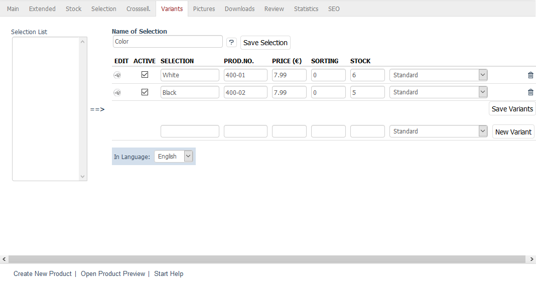 Products - Variants tab