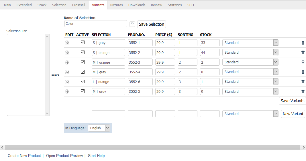 Products - Variants tab