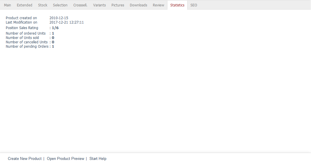 Products - Statistics tab