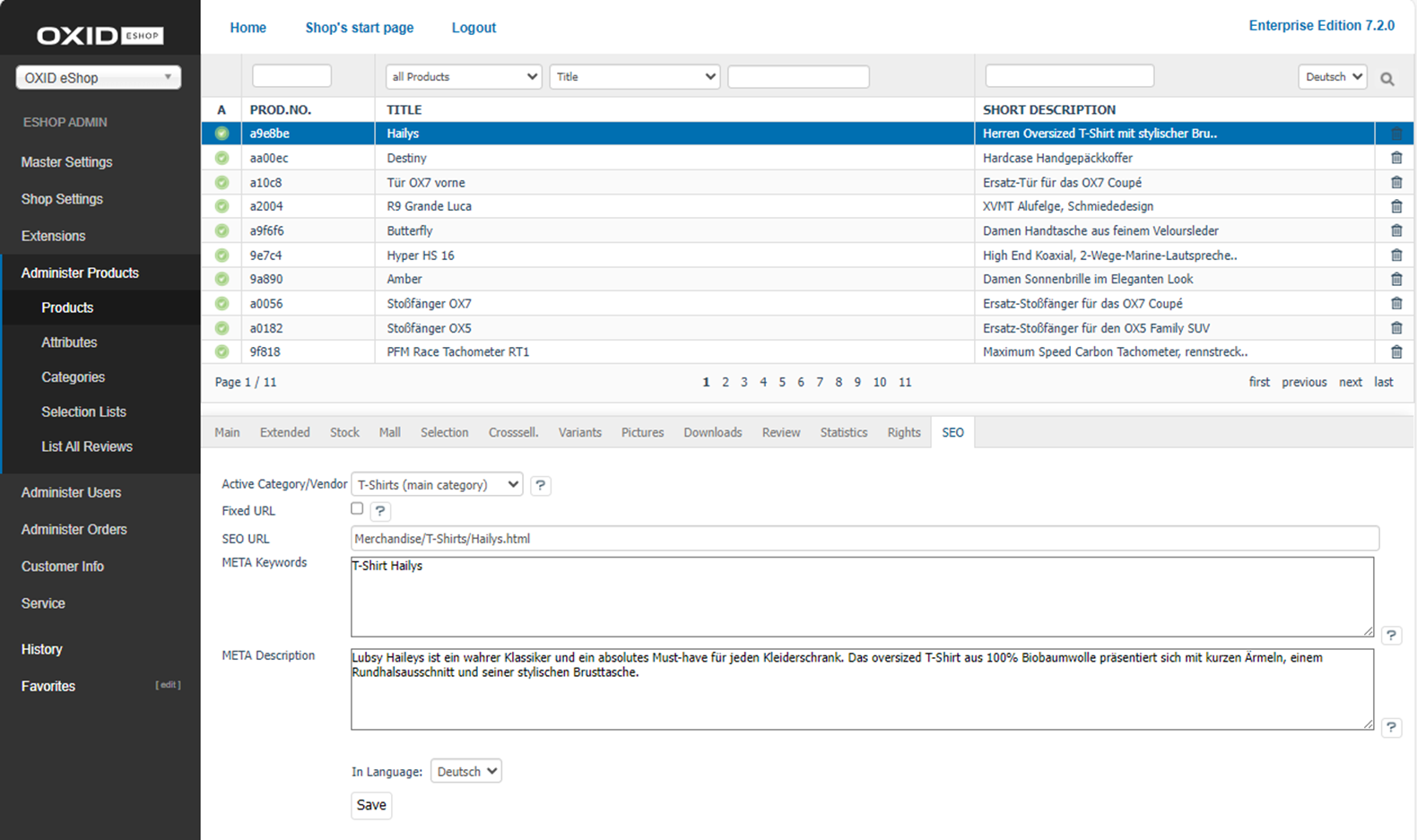 Products - SEO tab