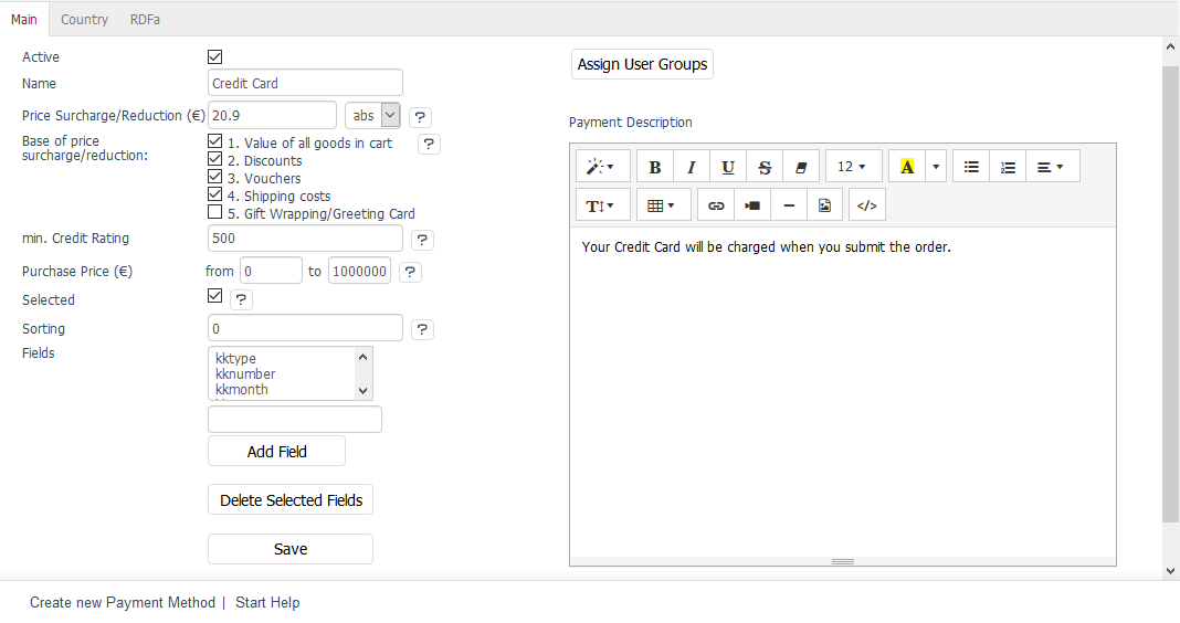 Payment methods - Main tab