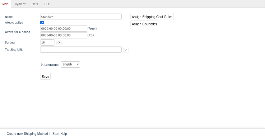Shipping methods - Main tab