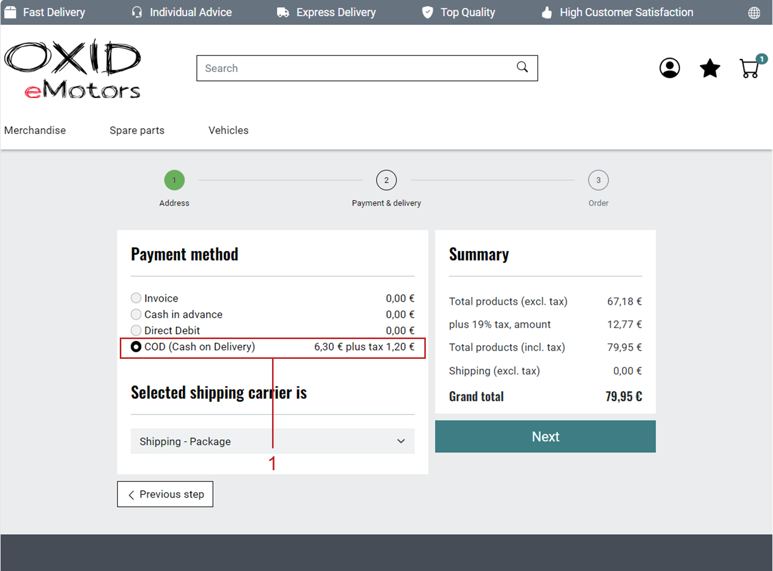 Order with surcharge for cash on delivery