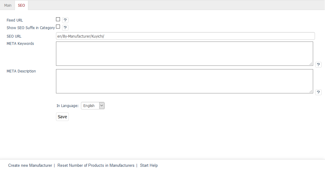 Manufacturers – SEO tab