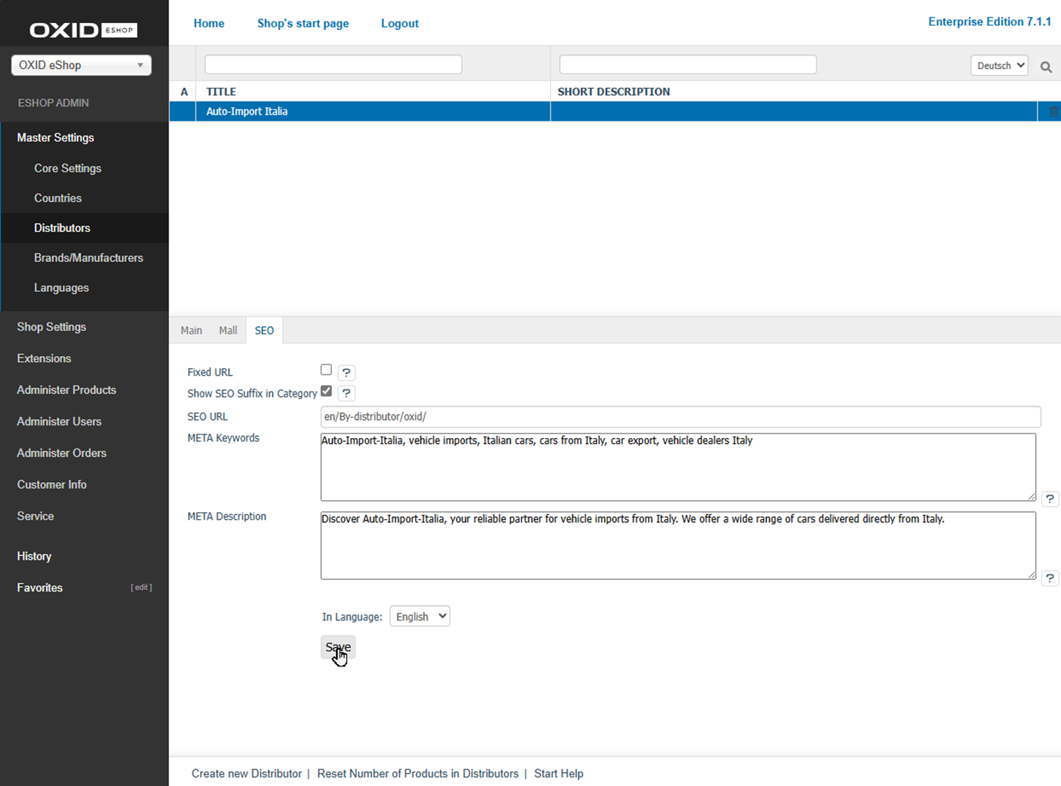 Distributors – SEO tab