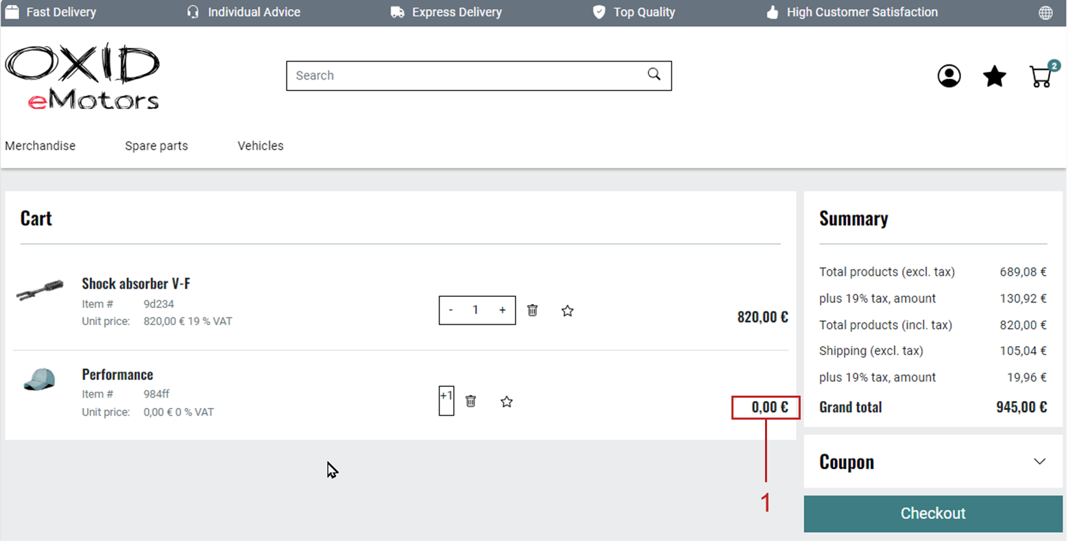 Example of an item with a free item in the shopping cart