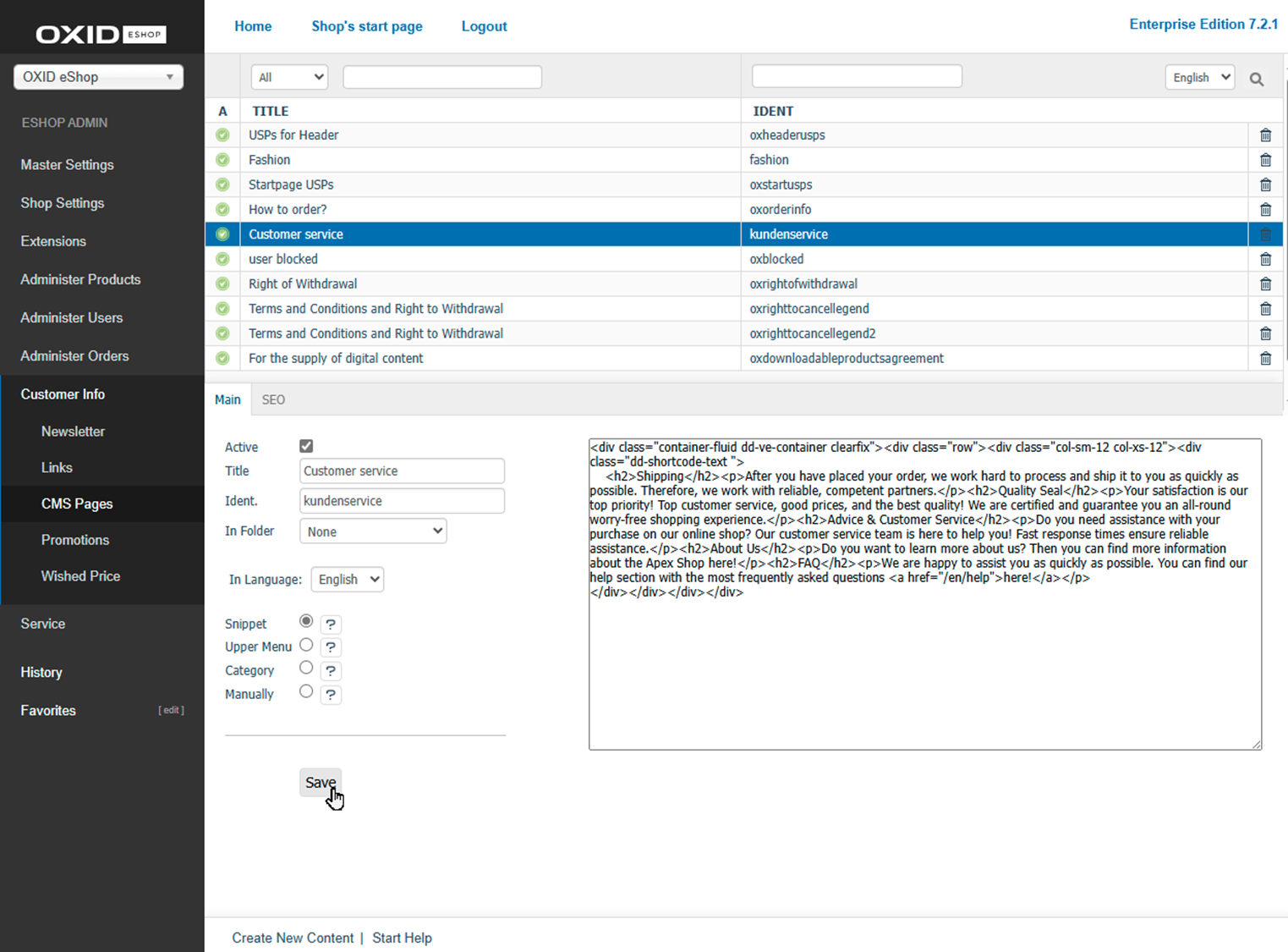 CMS Pages – Main tab