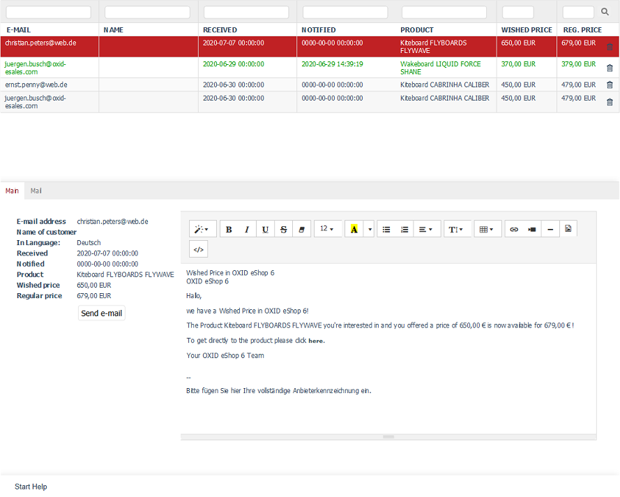 Editing the requested price email template