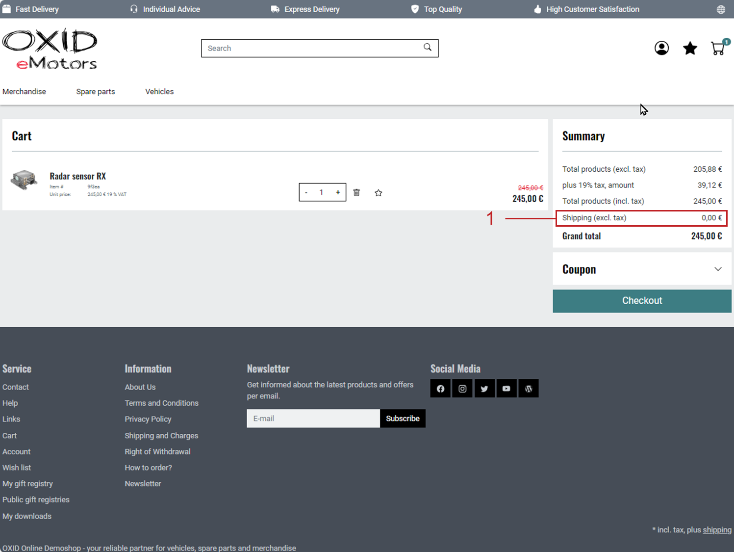 Displaying shipping costs in the shopping cart overview