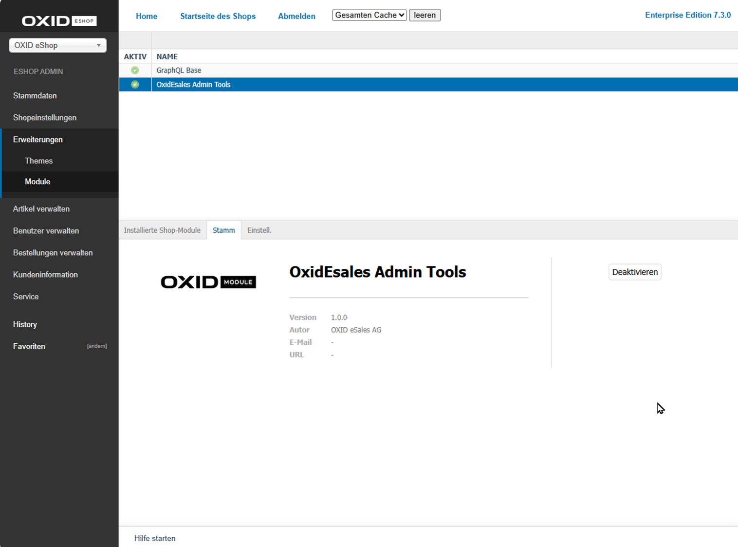 OXID Admintools-Modul installiert und aktiviert