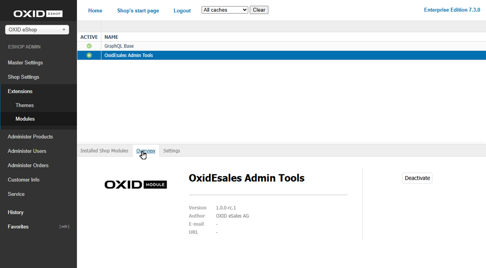 OXID Admin Tools module installed and activated