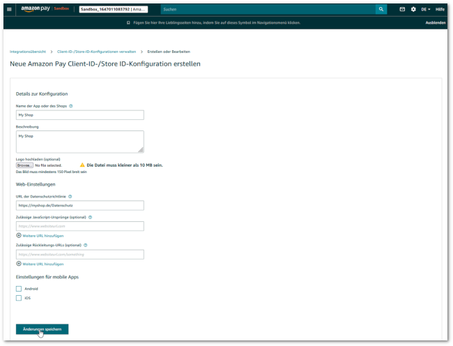 Neue Amazon Pay Client-ID-/Store ID-Konfiguration erstellen