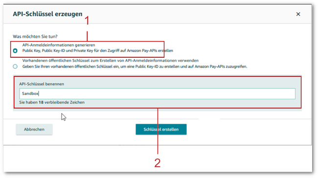 Dialogfenster API-Schlüssel erzeugen