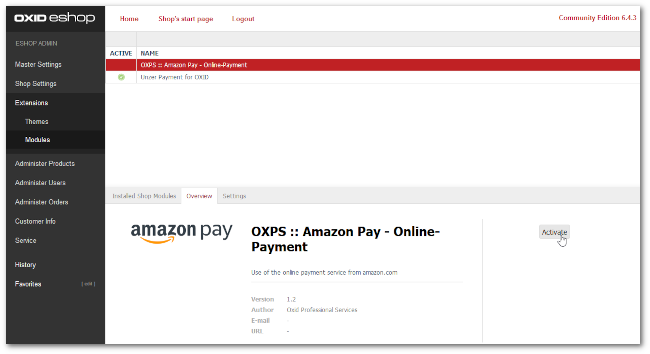 Amazon Pay for OXID installed