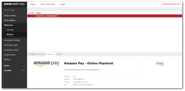Amazon Pay for OXID installed