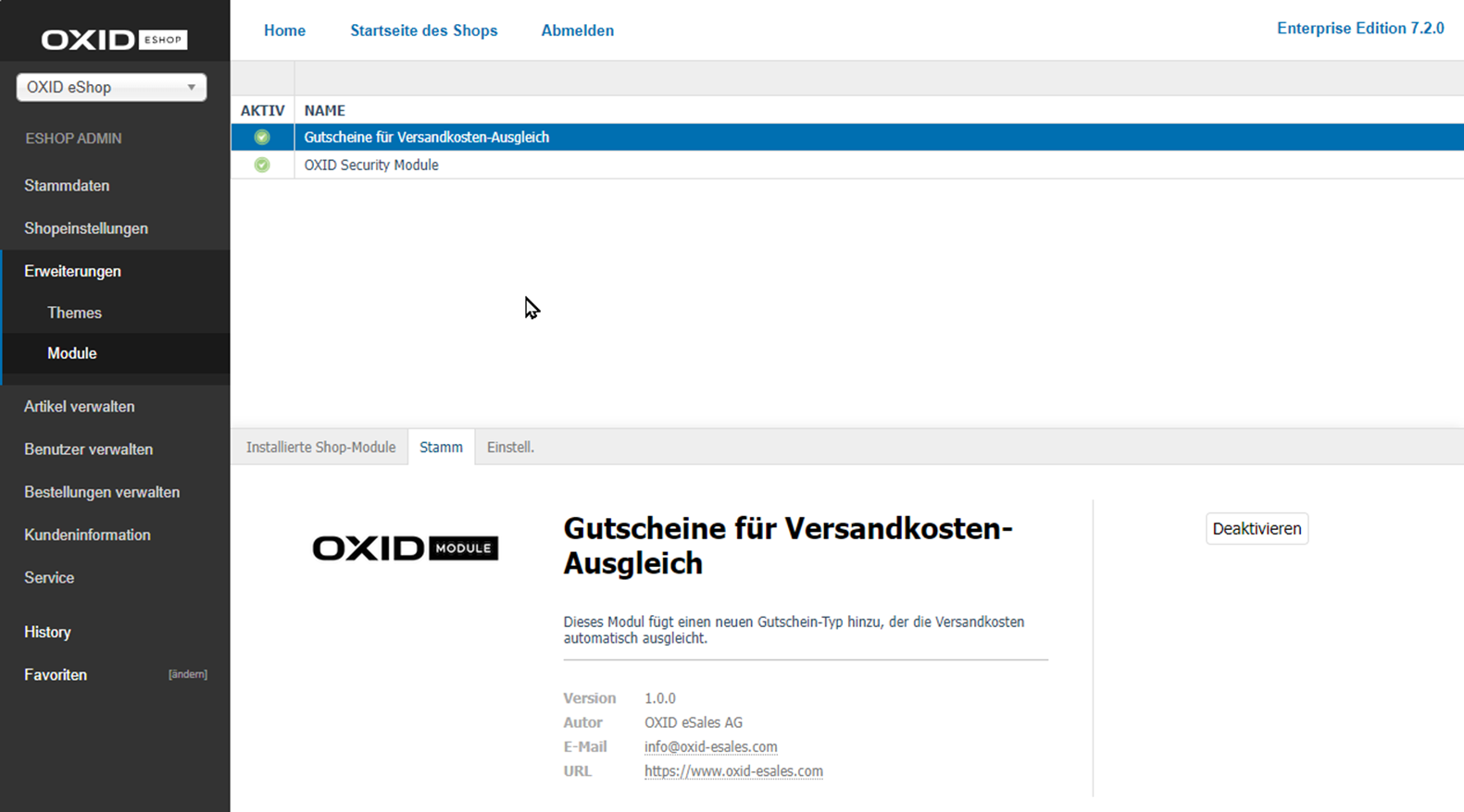OXID Gutschein-Modul installiert und aktiviert