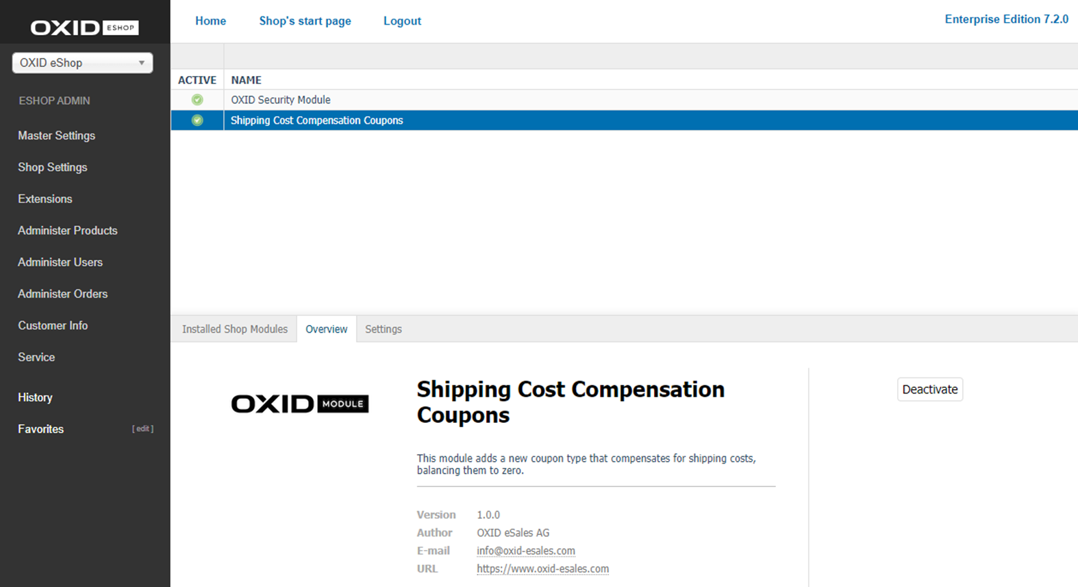 OXID Module Shipping Cost Compensation installed and activated