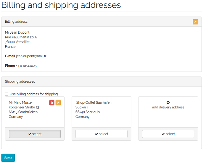 My account, Billing and shipping addresses