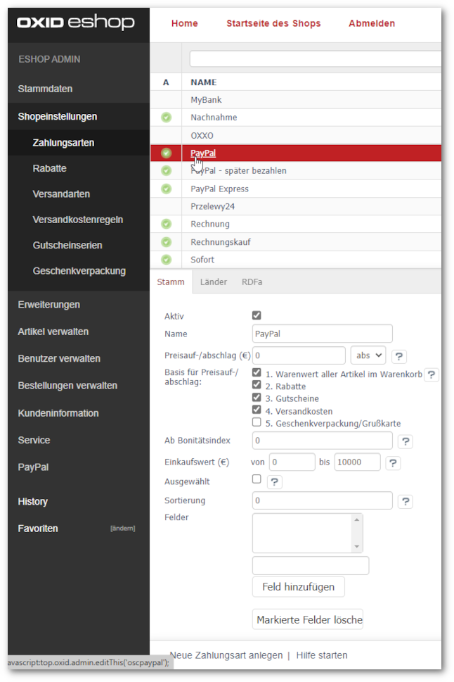 Zahlungsart PayPal aktiv