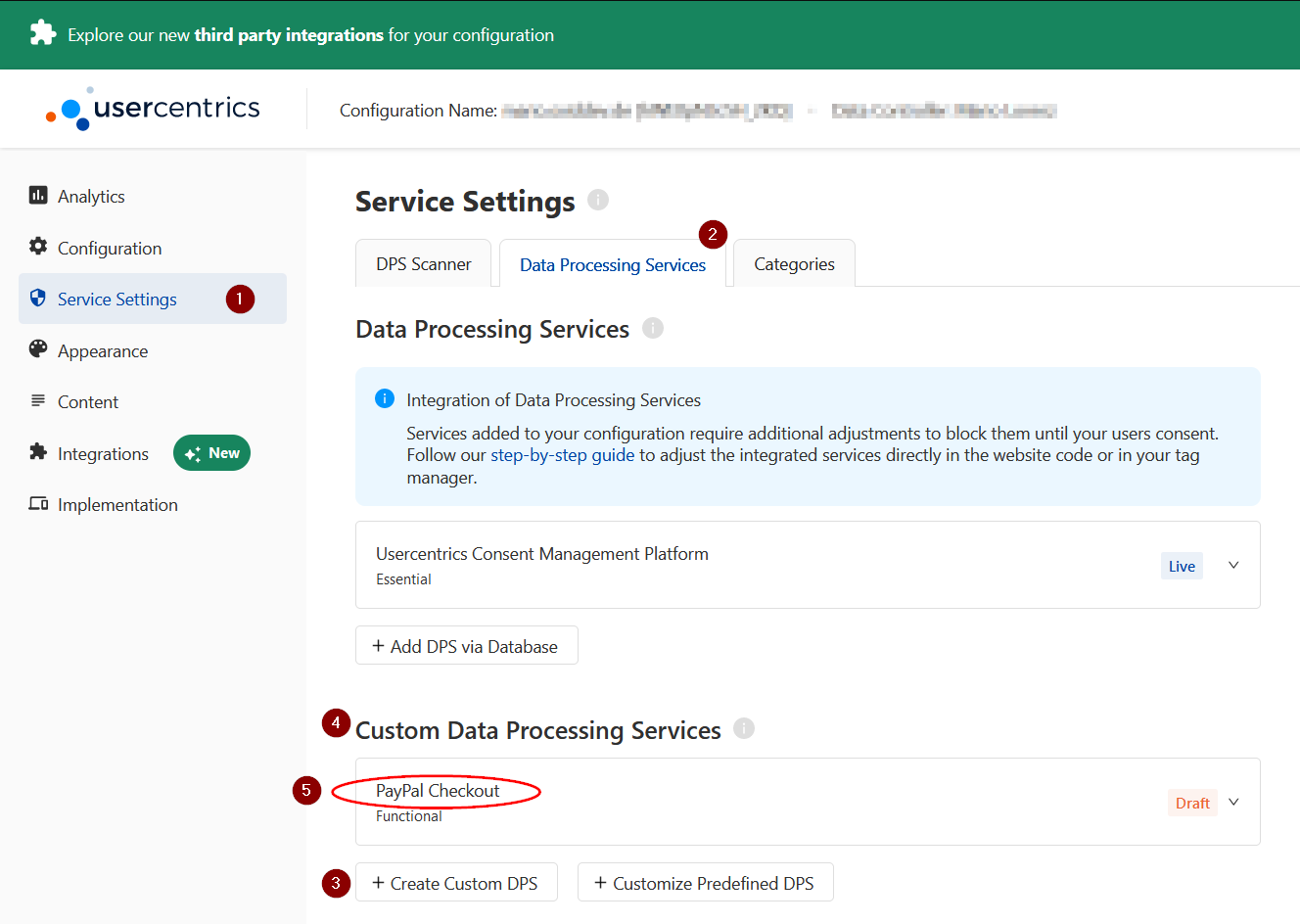 Datenverarbeitungsdienst im Usercentrics-Dashboard anlegen