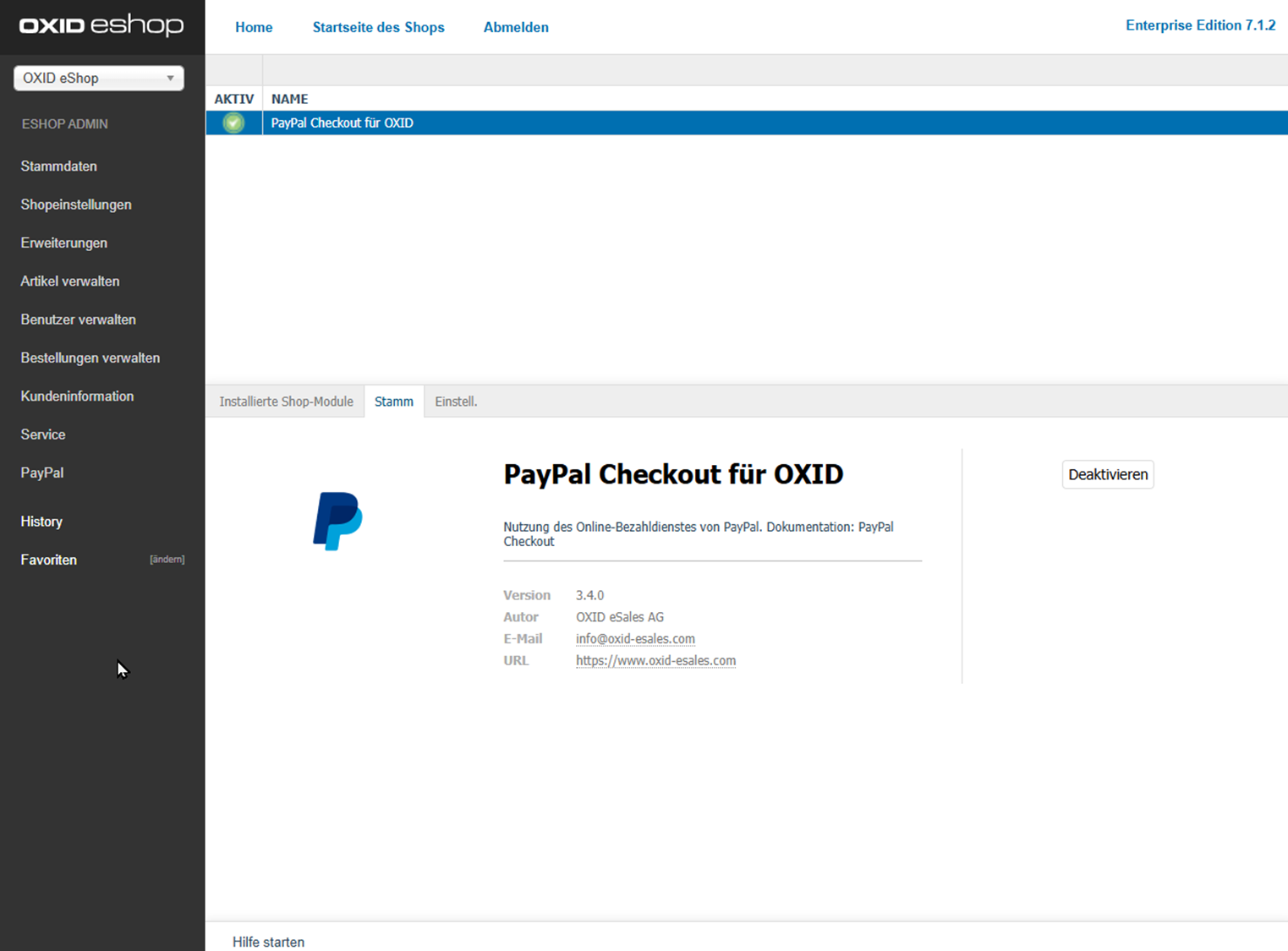 PayPal Checkout für OXID installiert und aktiviert