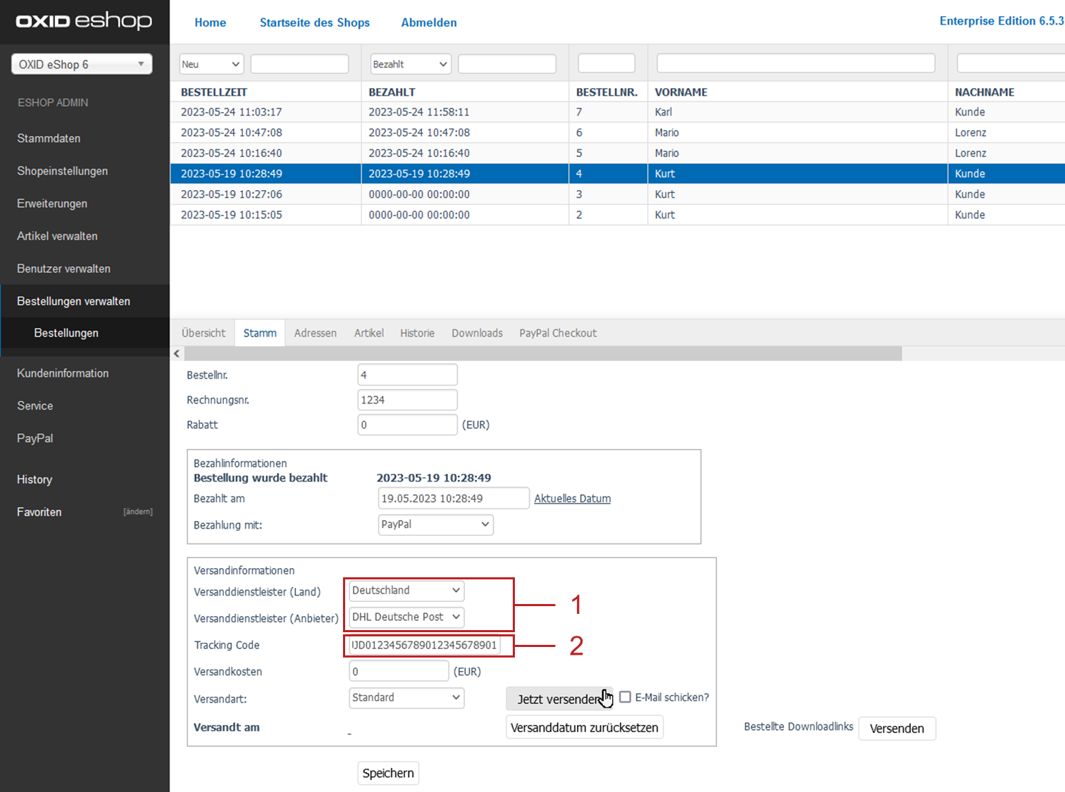 Tracking-Code und Versanddienstleister-Daten an PayPal senden