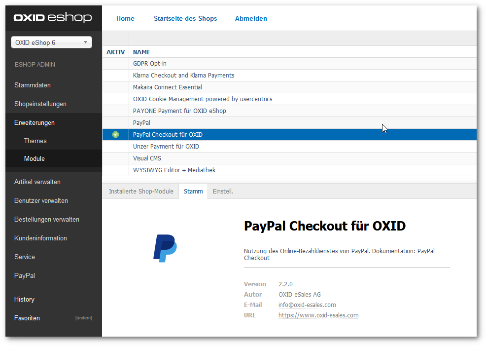 PayPal Checkout für OXID erfolgreich installiert