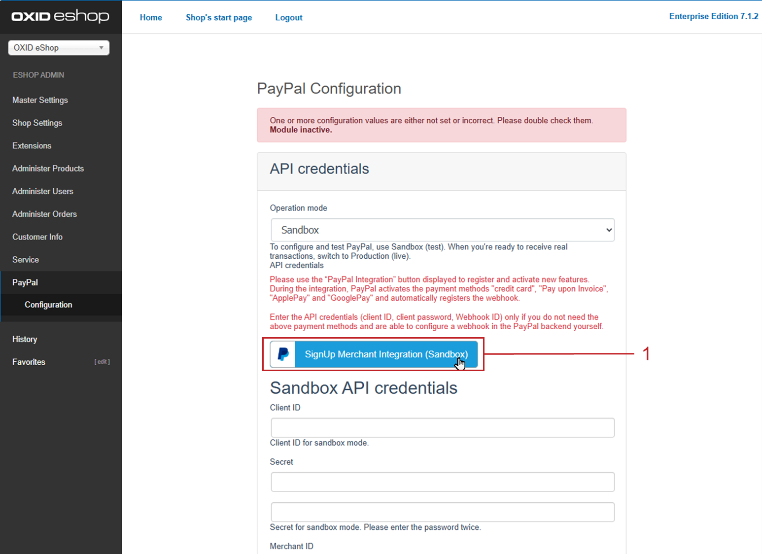 Completing the registration of the merchant account