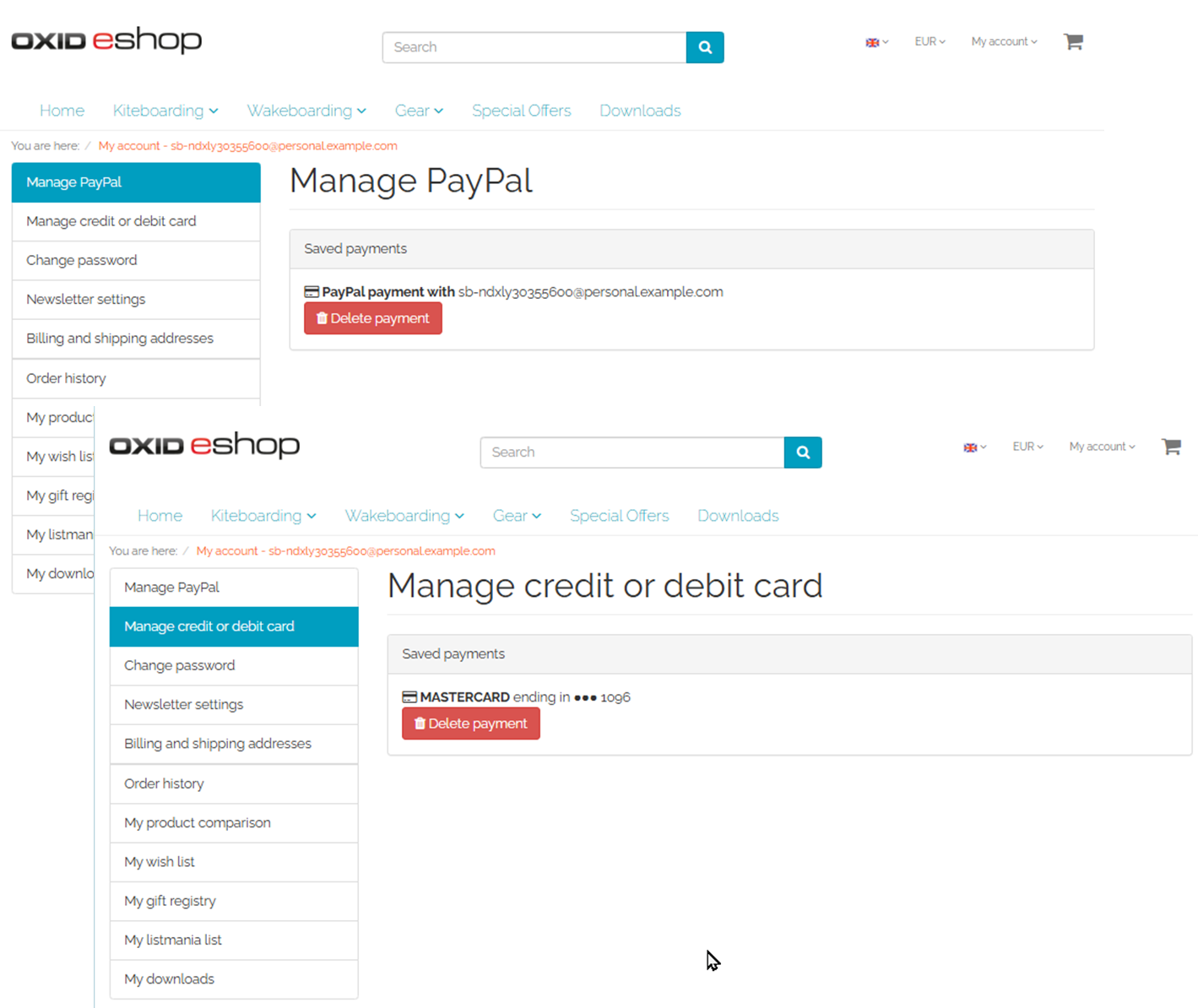 Managing payment information in the account