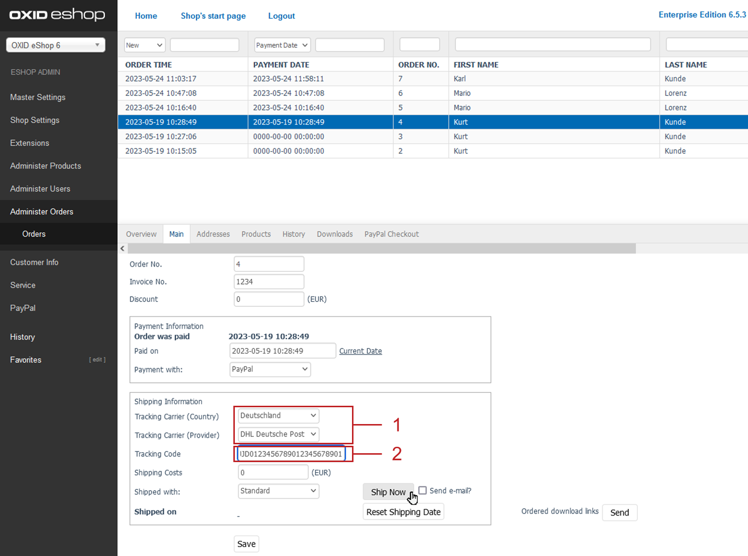 Sending tracking code and shipping carrier data to PayPal
