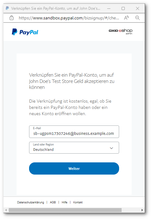 Starting the registration of the sandbox merchant account