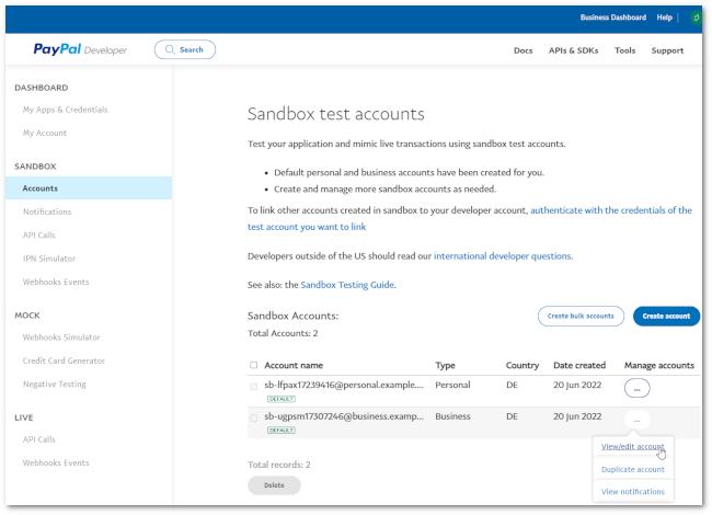 Displaying Business and personal sandbox accounts