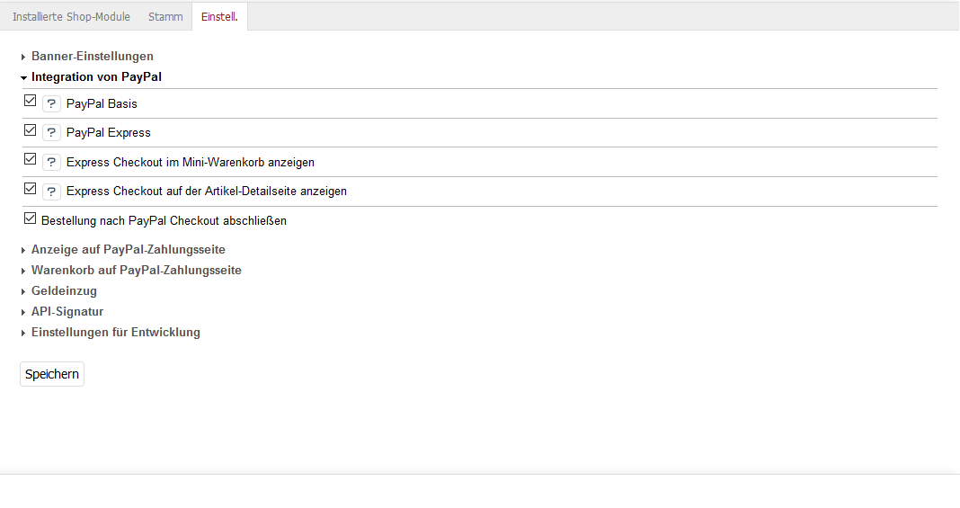 PayPal, Moduleinstellungen