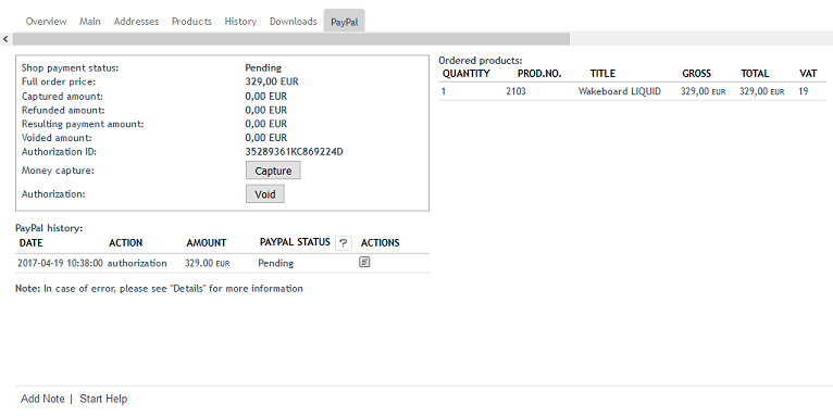 Orders, "PayPal" tab