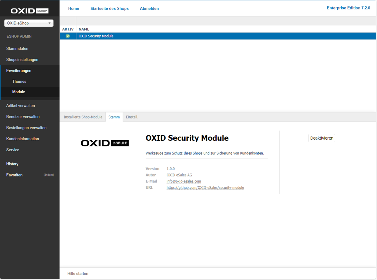 OXID Security-Modul installiert und aktiviert