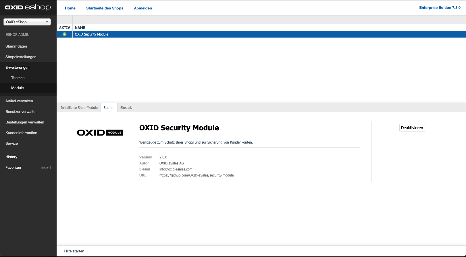 OXID Security-Modul installiert und aktiviert