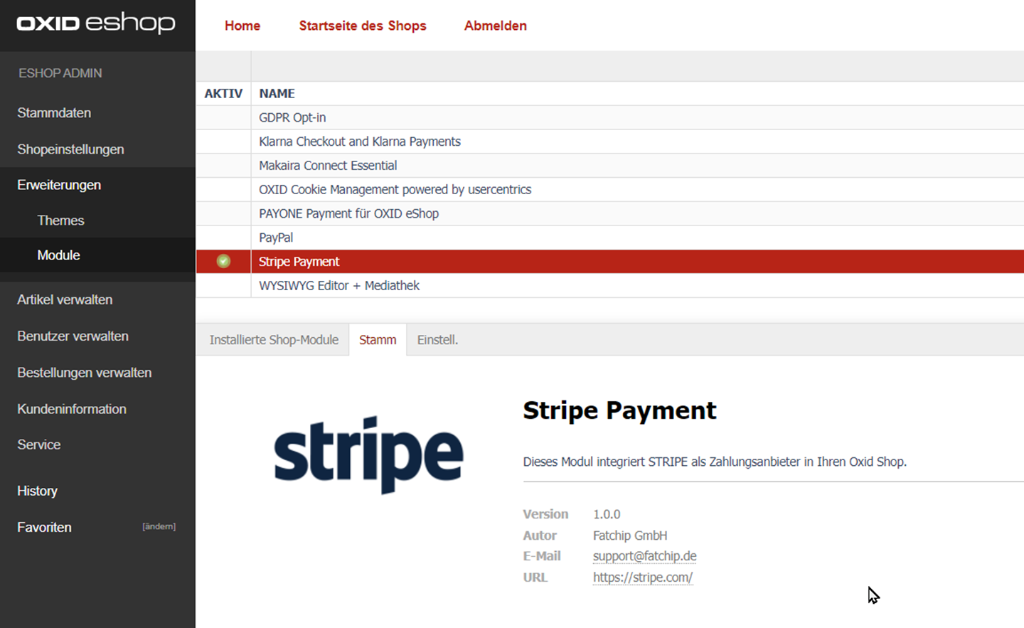 Stripe für OXID erfolgreich installiert