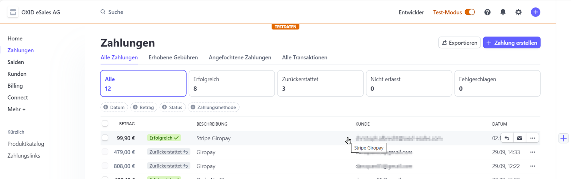 Testbestellung im Stripe-Dashboard verifizieren