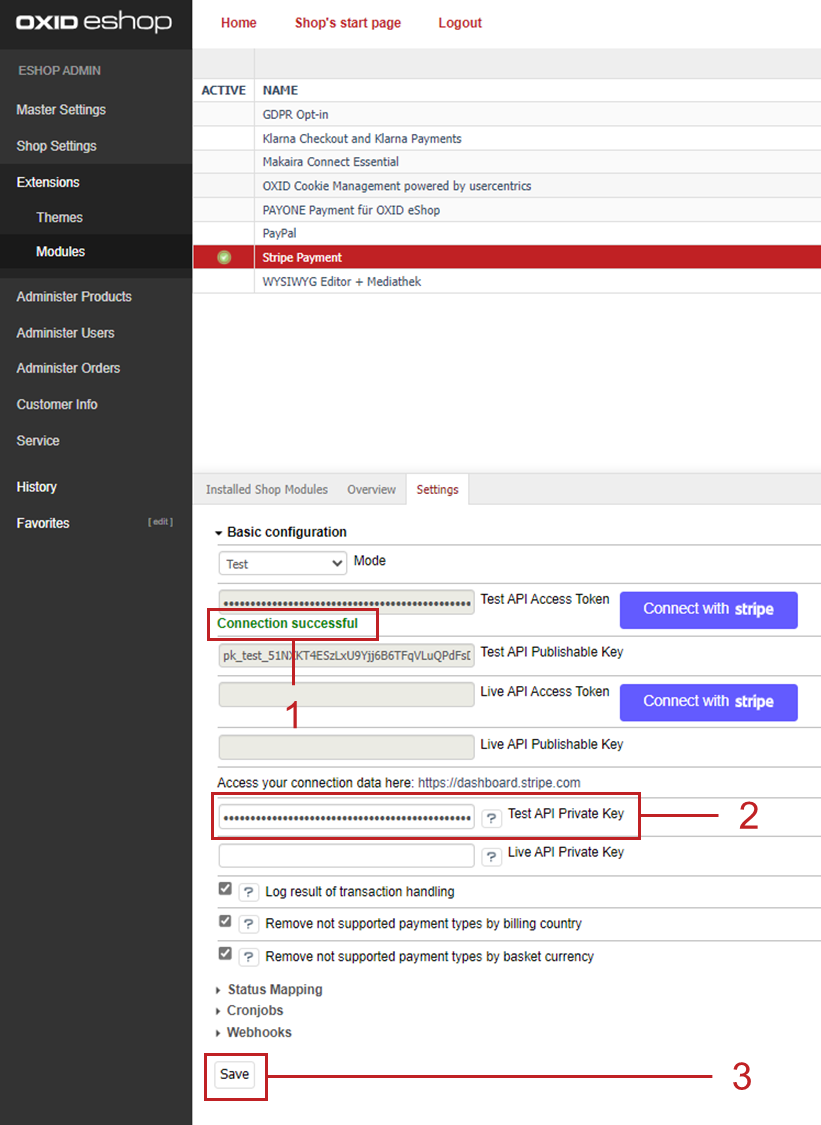 Verifying the connection and entering the private API key