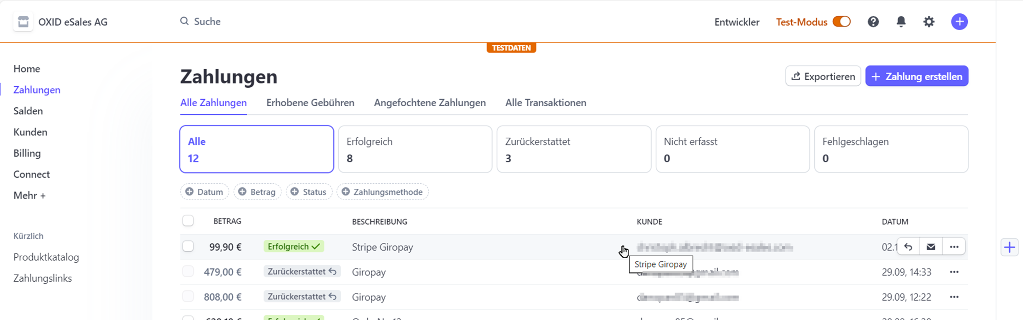 Verifying test orders in the Stripe dashboard